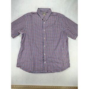 Duluth Trading Co Mens XL Red Blue Gingham Cotton Short Sleeve Button Down Shirt